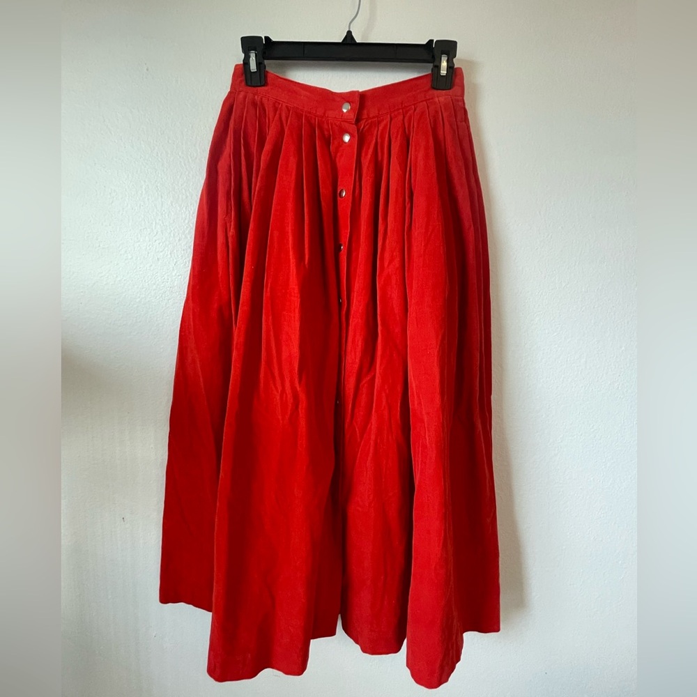 Red Button-Front Corduroy Maxi Skirt